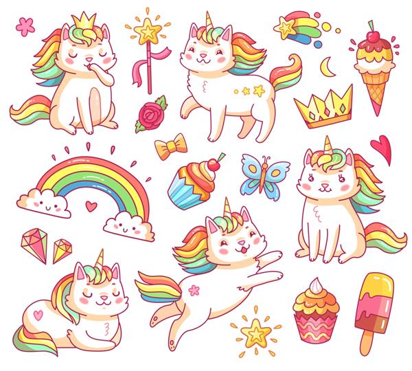 گربه های تک شاخ جادویی در تاج کیک های شیرین بستنی رنگین کمان و ابرها