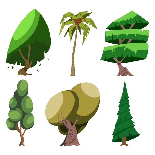 مجموعه درختان کارتونی از نژادهای مختلف نخل بلوط درخت و دیگران تصویر برداری جدا شده