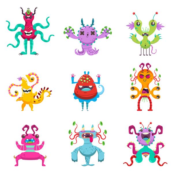 مجموعه هیولاهای کارتونی زیبا وکتور شخصیت تخت از موجودات خنده دار جدا شده