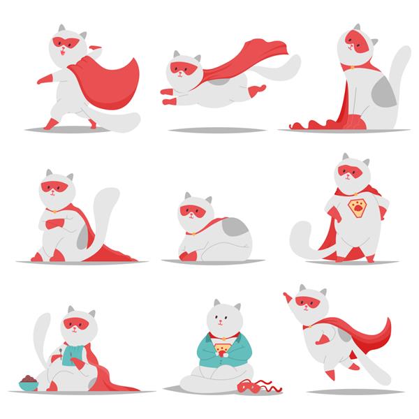 وکتور گربه ابرقهرمان شخصیت های کارتونی بامزه حیوان خانگی جدا شده در پس زمینه سفید