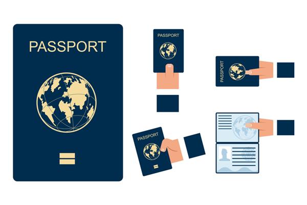 دست‌های زن و مرد مجموعه وکتور پاسپورت‌های باز و بسته جدا شده در پس‌زمینه سفید را نگه می‌دارند