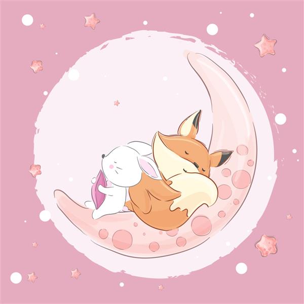 خرگوش روباه کوچولو در خواب روی ماه-وکتور