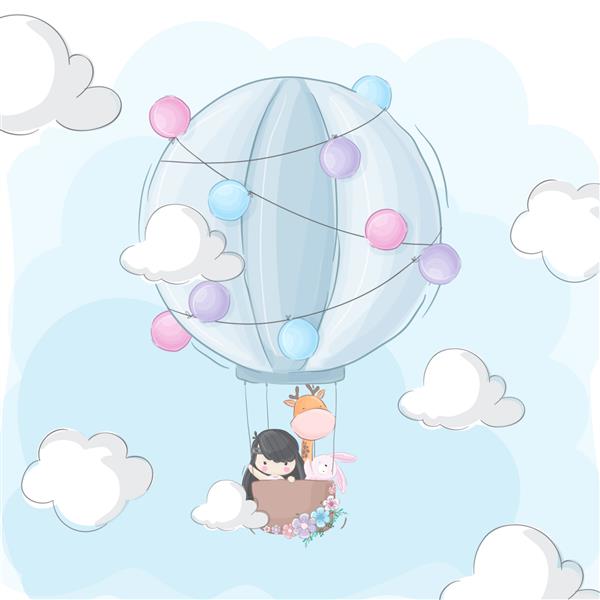 دختر و حیوان خوشحال در حال پرواز بر روی بالون هوایی