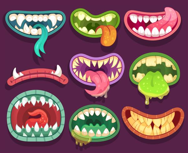دهان هیولاهای ترسناک با دندان و زبان عناصر هالووین