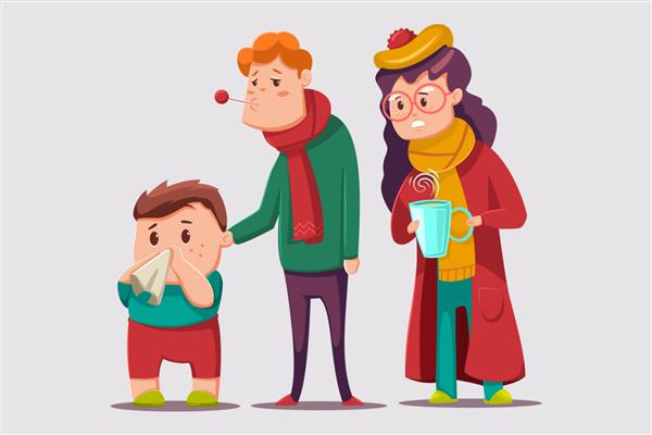 تصویر کارتونی سرماخوردگی و آنفولانزا شخصیت خانواده بیمار