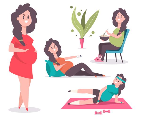 شخصیت زن باردار ناز به تناسب اندام مشغول است غذای سالم می خورد روی بالش می خوابد مجموعه کارتونی از مادر خنده دار جدا شده روی سفید