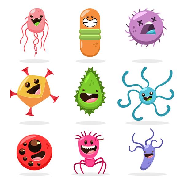 مجموعه شخصیت های کارتونی باکتری های خنده دار جدا شده