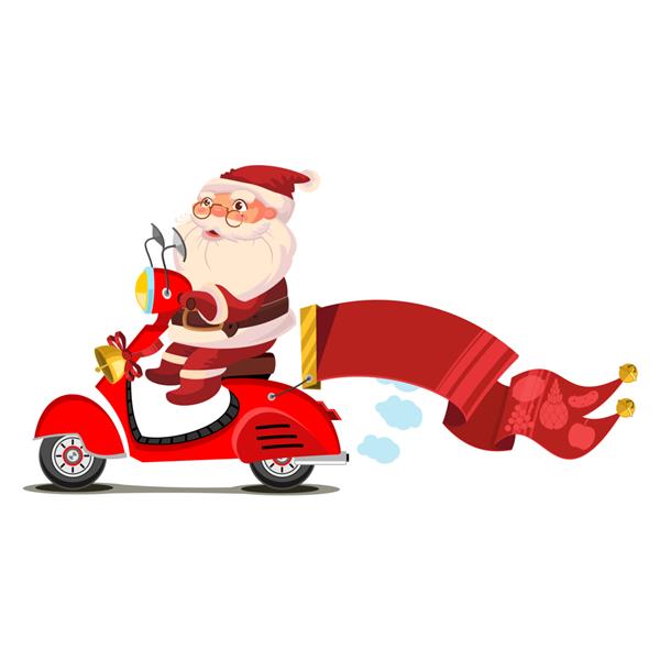 بابا نوئل روی یک روروک مخصوص بچه ها با یک شخصیت کارتونی بنر قرمز جدا شده روی سفید