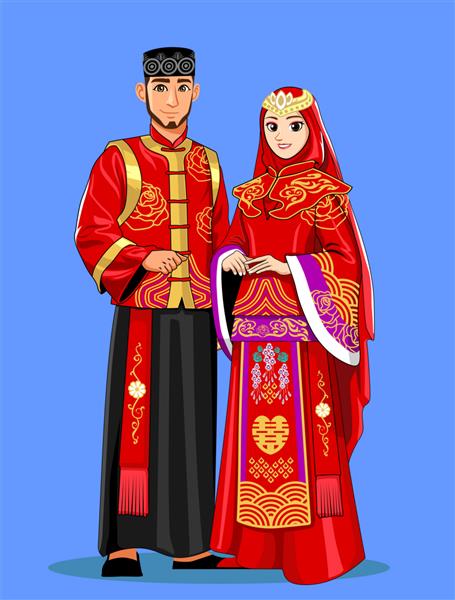 عروس مسلمان چینی با لباس سنتی قرمز و مشکی
