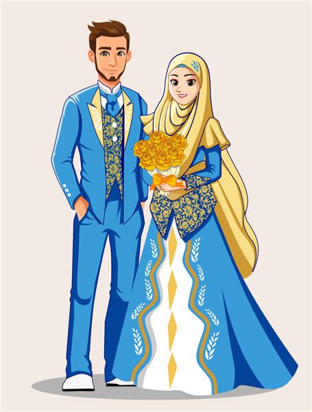 عروس مسلمان با لباس های آبی و طلایی