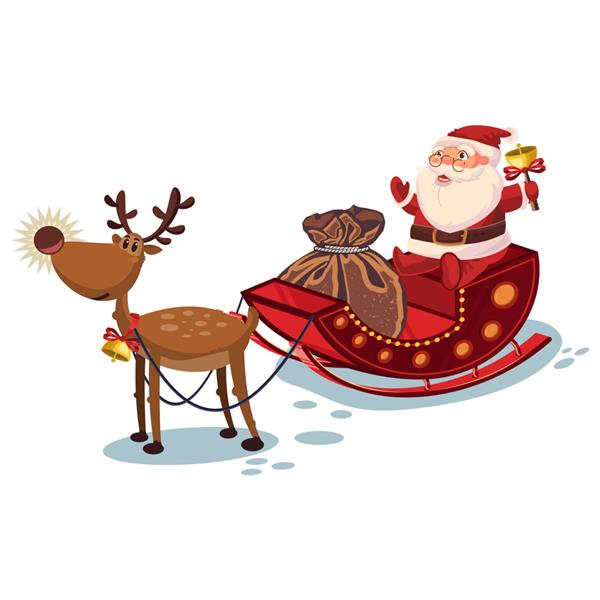 بابا نوئل در یک سورتمه با گوزن شمالی و گونی با هدایا وکتور شخصیت کارتونی کریسمس