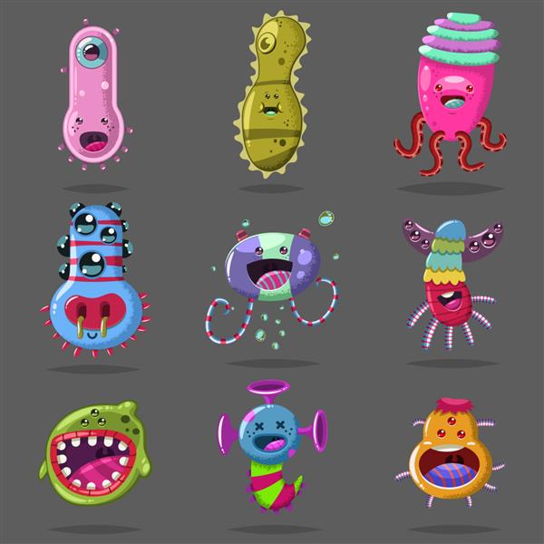 مجموعه شخصیت های کارتونی باکتری های خنده دار ویروس وکتور میکروب هیولا میکروب و پاتوژن زیبا