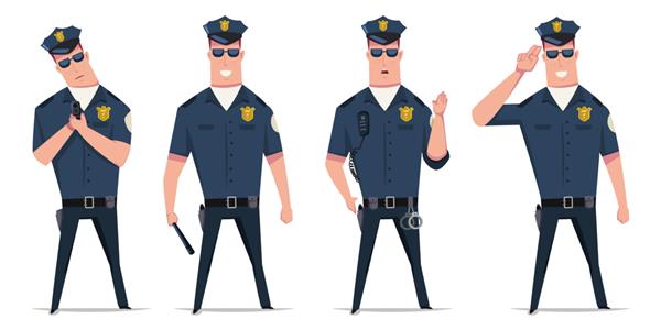 مجموعه وکتور افسر پلیس شخصیت کارتونی خنده دار یک پلیس در حالت های مختلف با دستبند تفنگ و باتوم جدا شده