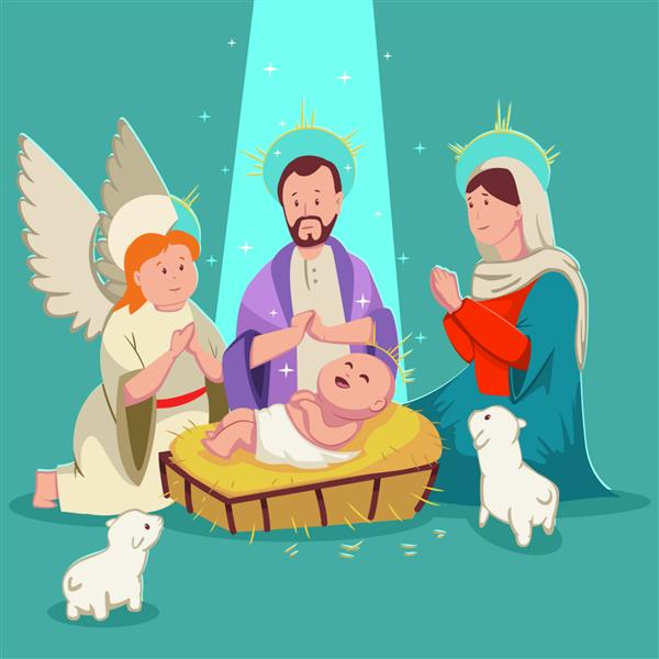 تولد نوزاد عیسی صحنه عیسی کریسمس وکتور تصویر کارتونی زیبا