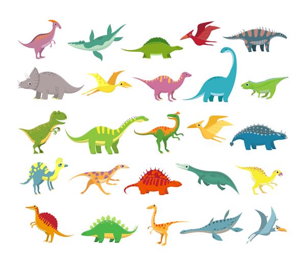 دایناسورهای کارتونی بچه داینو حیوانات ماقبل تاریخ مجموعه وکتور دایناسور زیبا
