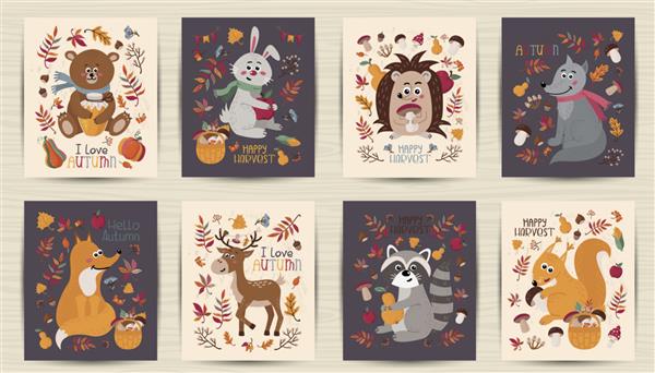 مجموعه کارت های پاییزی با حیوانات جنگل