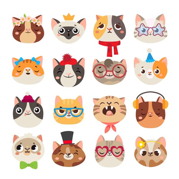 سر گربه های ناز پوزه گربه صورت جلف خانگی با کلاه روسری و عینک های رنگی مهمانی ست کارتونی ایزوله