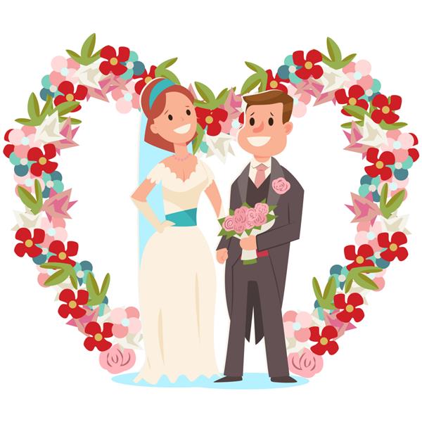 عروس و داماد و طاق عروسی با گل تصویر کارتونی وکتور یک زوج تازه ازدواج کرده با دسته گل عروس جدا شده