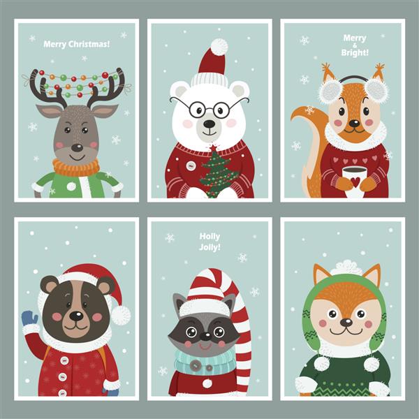 مجموعه ای از کارت های کریسمس با حیوانات جنگلی زیبا