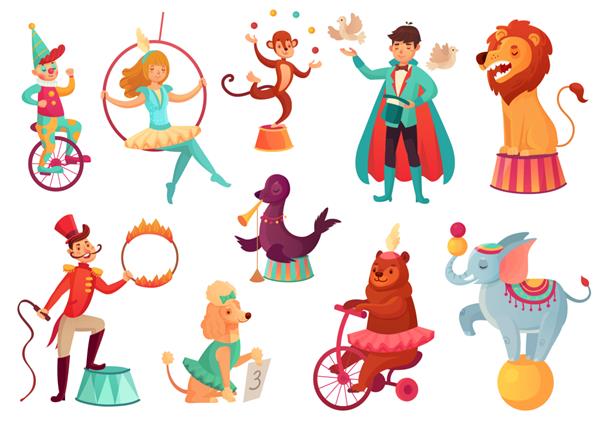 حیوانات سیرک ترفندهای آکروباتیک حیوانات سرگرمی آکروبات خانوادگی سیرک تصویر جدا شده کارتونی