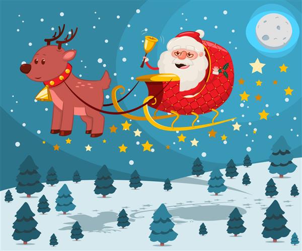 بابا نوئل با زنگ طلایی در سورتمه با گوزن شمالی که بر فراز منظره زمستانی شبانه پرواز می کند