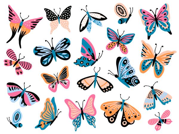 پروانه کشیده شده با دست پروانه های گل بال پروانه ها و مجموعه ایزوله شده از حشرات پرنده رنگارنگ بهاری