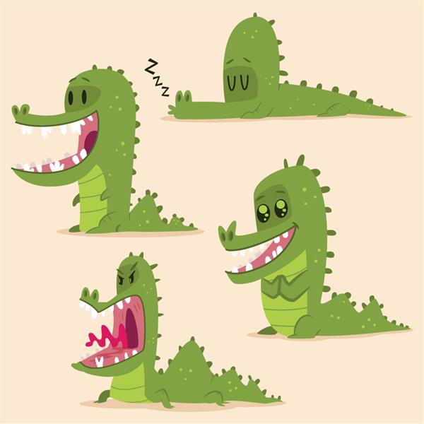 ست تمساح کارتونی شخصیت وکتور تمساح سبز خنده دار جدا شده