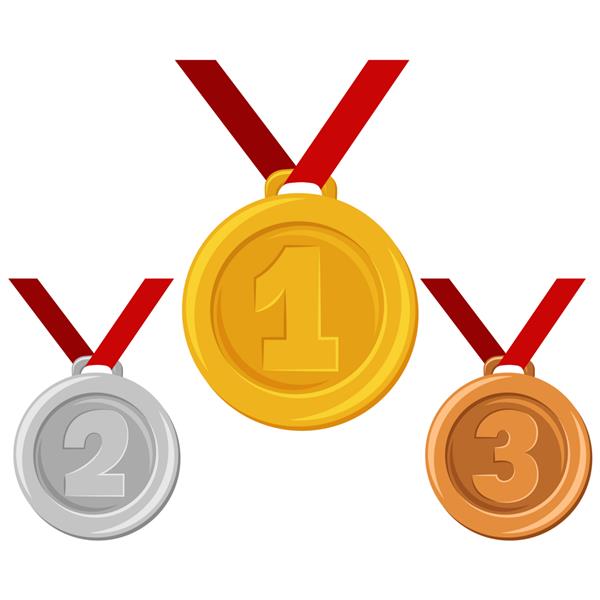 مدال طلا نقره یا برنز روی روبان قرمز جوایز برای برندگان وکتور تصویر کارتونی مسطح جدا شده
