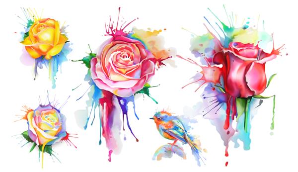 گل رز آبرنگ مجموعه ای از نمادهای وکتور