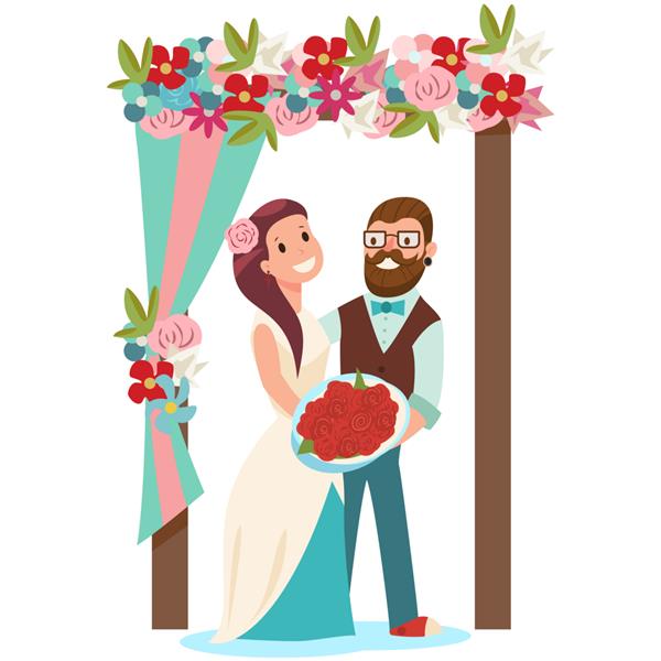 عروس و داماد و طاق عروسی با گل تصویر کارتونی یک زن و شوهر تازه ازدواج کرده با دسته گل عروس جدا شده روی سفید