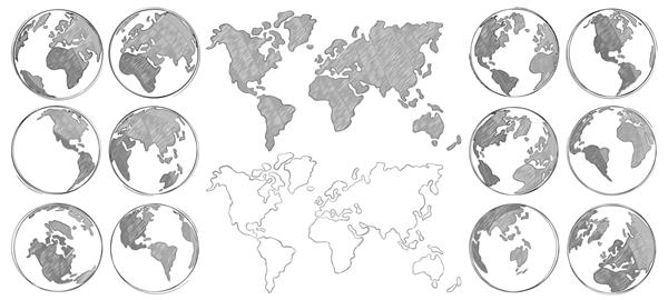 نقشه طرح کره زمین کشیده شده با دست ترسیم نقشه های جهان و طرح های کره جدا شده