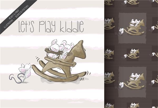 کارتونی شاد کودک موش در حال بازی با الگوی بدون درز