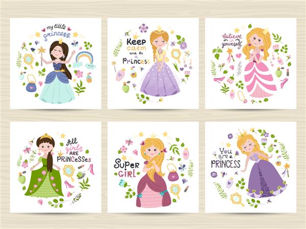 مجموعه ای از کارت ها با شاهزاده خانم های زیبا