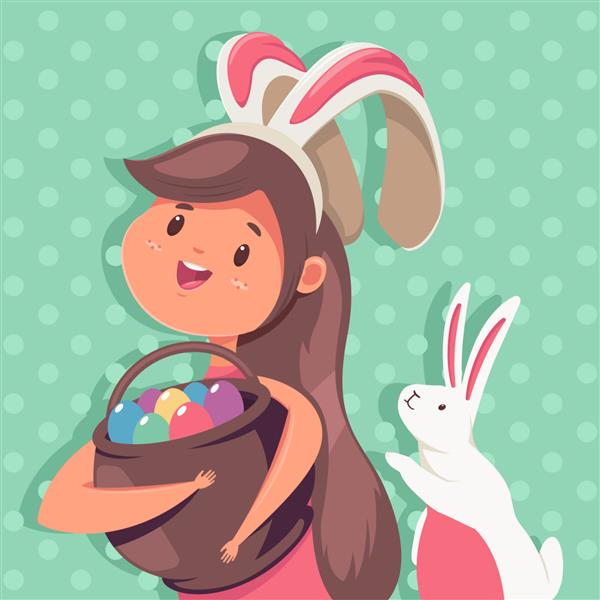 تصویر عید پاک با یک دختر شاد با گوش های اسم حیوان دست اموز یک سبد با تخم مرغ و یک خرگوش زیبا عکس کارتونی تعطیلات