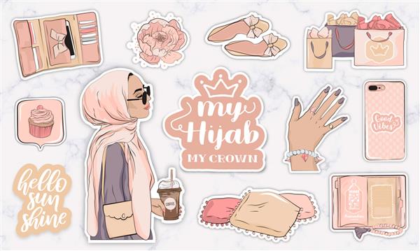 استیکرهایی با اشیاء و یک زن جوان مسلمان مدرن با حجاب