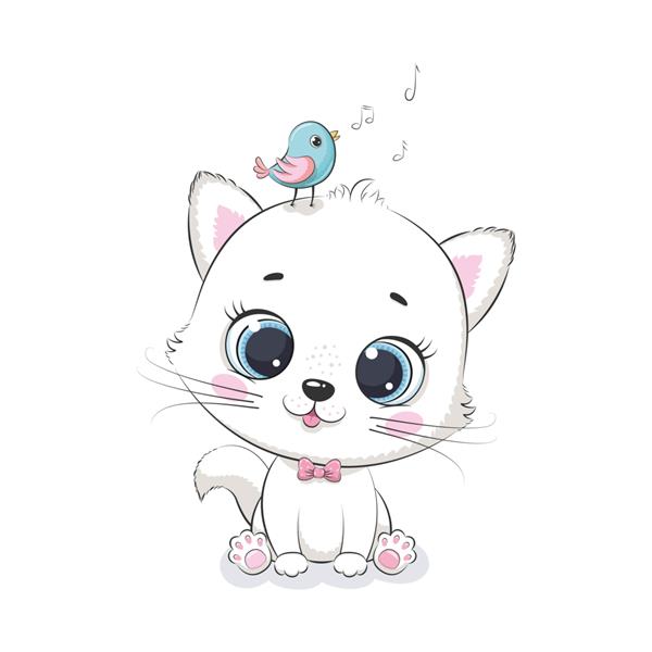 بچه گربه ناز با پرنده تصویر برای حمام نوزاد کارت تبریک دعوت نامه مهمانی چاپ تی شرت لباس مد