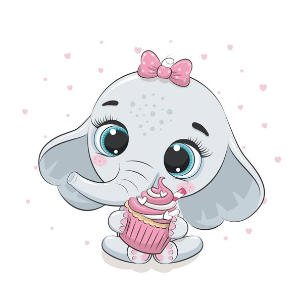 بچه فیل ناز با کیک کوچک تصویر برای حمام نوزاد کارت تبریک دعوت نامه مهمانی چاپ تی شرت لباس مد