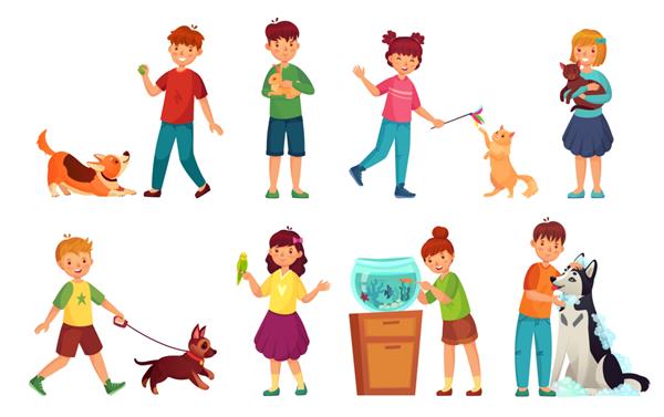بچه ها با حیوانات خانگی مجموعه تصویرسازی کارتونی کودک در آغوش گرفتن حیوان خانگی حیوانات عاشق کودک و بازی با سگ یا گربه ناز