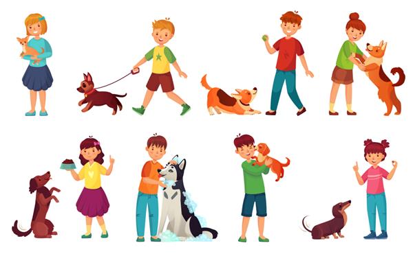 بچه هایی که با سگ ها بازی می کنند مجموعه تصویر برداری کارتونی توله سگ بامزه به سگ مراقبت از حیوانات خانگی و راه رفتن بچه