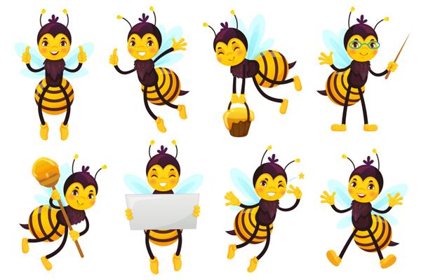 طلسم زنبور عسل کارتونی مجموعه تصویر برداری زنبور عسل ناز زنبورهای پرنده و طلسم شخصیت زنبور زرد شاد