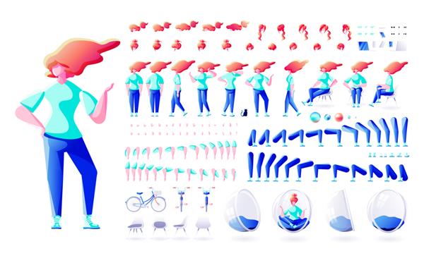 مجموعه کیت مجموعه ایزوله سازنده سبک مدرن عنصر بدن شخصیت زن ژست ژست های ژست جلویی نمای پشتی مدل مو اکشن برای انیمیشن طراحی حرکت