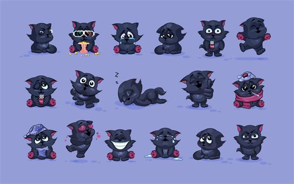 مجموعه کیت مجموعه تصاویر سهام تصاویر شکلک شخصیت کارتونی گربه سیاه شکلک با احساسات مختلف