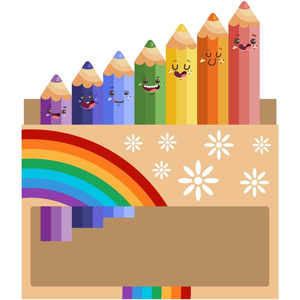 شخصیت‌های مداد رنگی زیبا در جعبه با تصاویر کارتونی وکتور احساسات مختلف جدا شده است