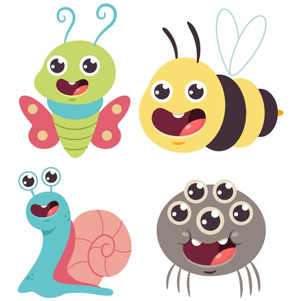 مجموعه کارتونی وکتور اشکال ناز بامبل زنبور خنده دار حلزون پروانه و عنکبوت جدا شده است