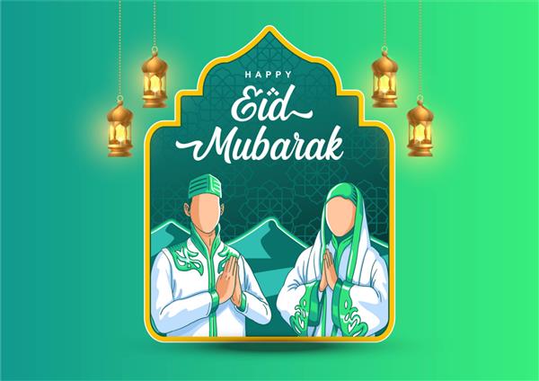 عید مبارک با چراغ عربی قومی منظره ای باز از صحرای شب و دو نفر با دستانشان تبریک می گویند