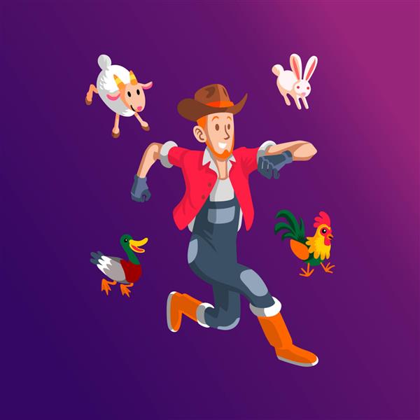 یک پرورش دهنده شاد با مرغ گوسفند و اردک