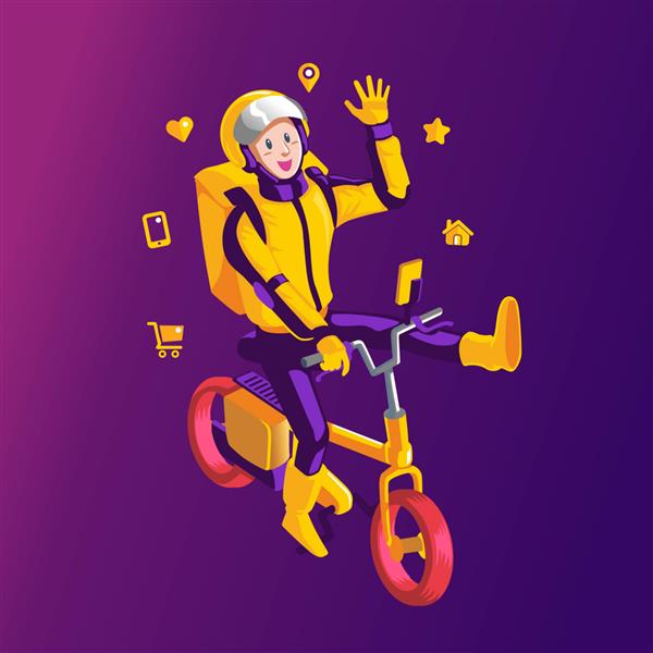 راننده دوچرخه آنلاین شاد با نمادهای دیجیتال