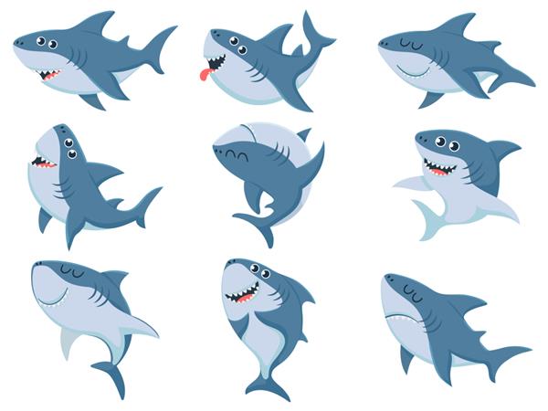 کوسه های کارتونی مجموعه تصویری حیوانات کوسه های کمیک آرواره های ترسناک و شنای اقیانوس ها کوسه های عصبانی