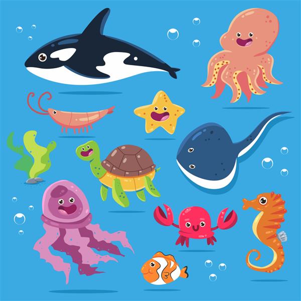 مجموعه کارتونی حیوانات دریایی و زیر آب جدا شده در پس زمینه سفید