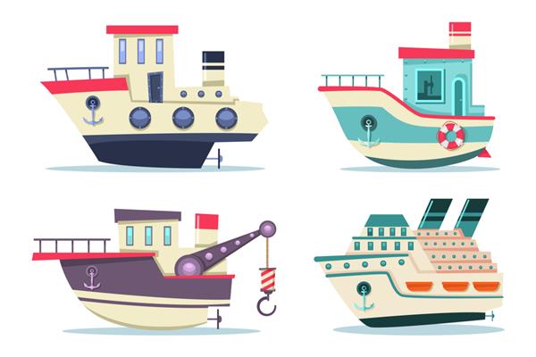 مجموعه قایق های ماهیگیری و کروز نمای جانبی کشتی های تخت کارتونی جدا شده در پس زمینه سفید